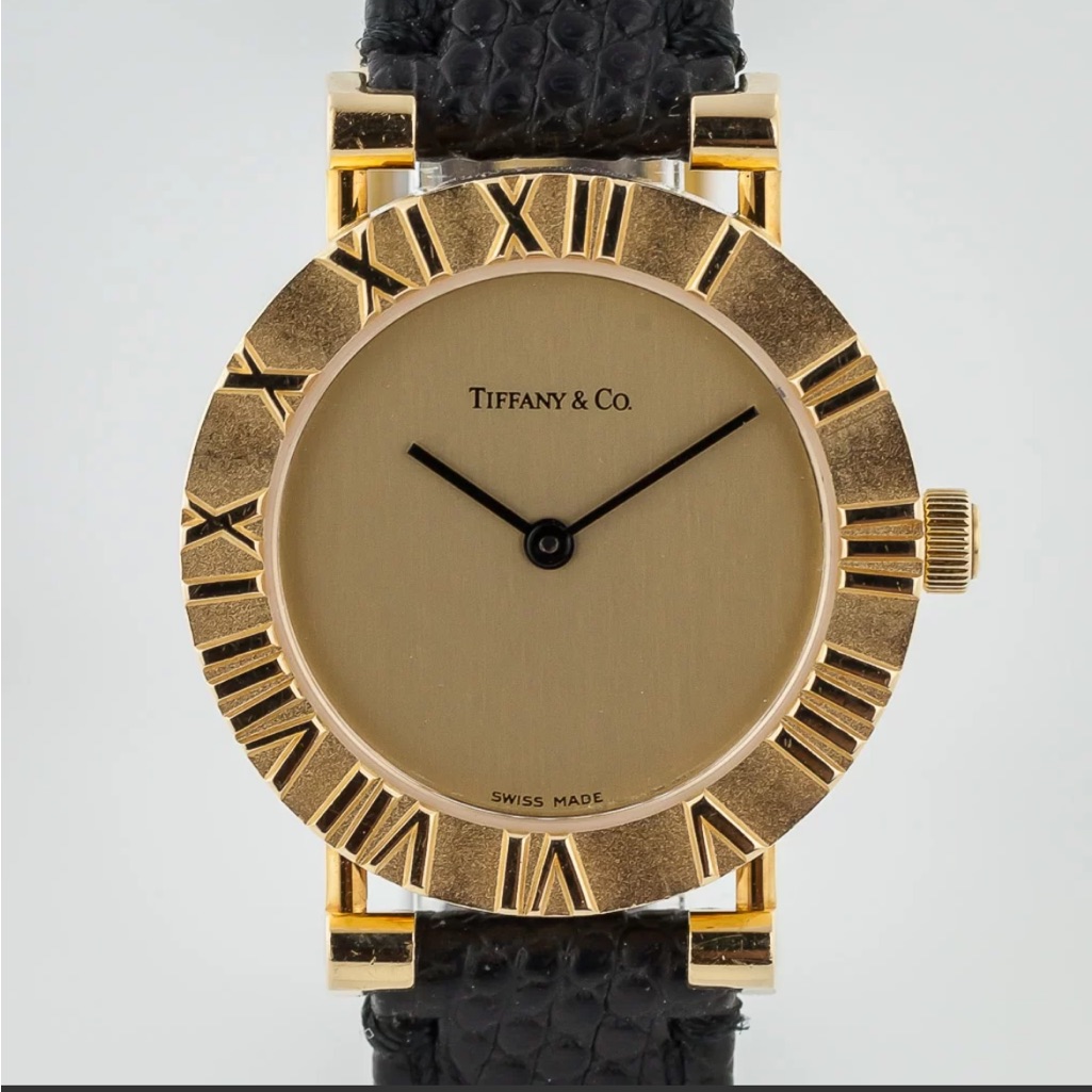 Tiffany  Co Atlas Ladies 18k Yellow Gold Champagne Dial Roman Numeral Bezel